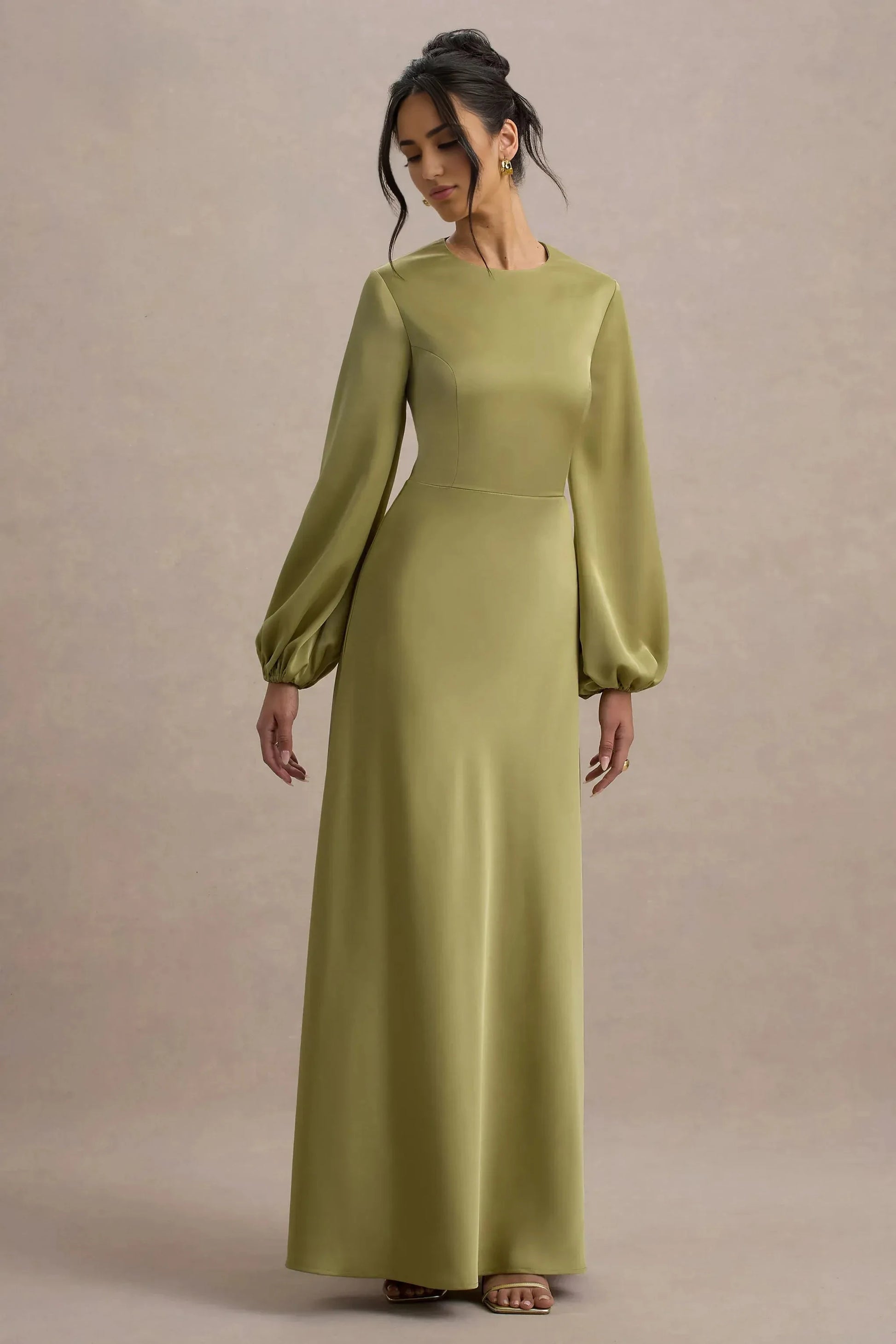 Airy Column Crew Neck Puff Sleeve Keyhole Back Floor Length For Women Evening Dress by YiHuiw