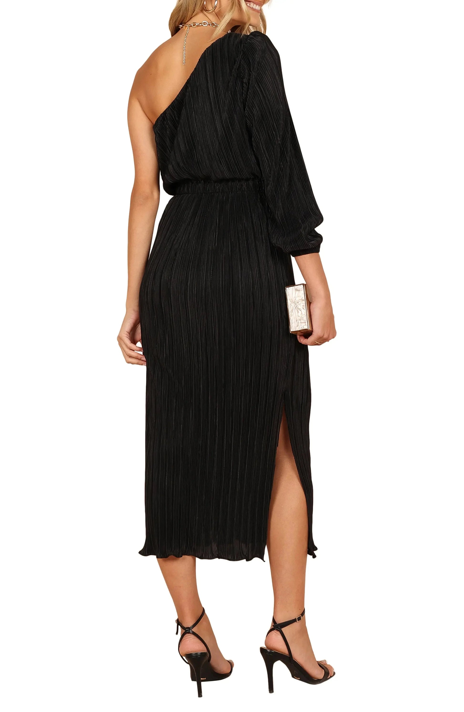 Airy Flowy One Shoulder Three Quarter Sleeve Elastic Back Midi Length For Ladies Evening Dress by YiHuiw