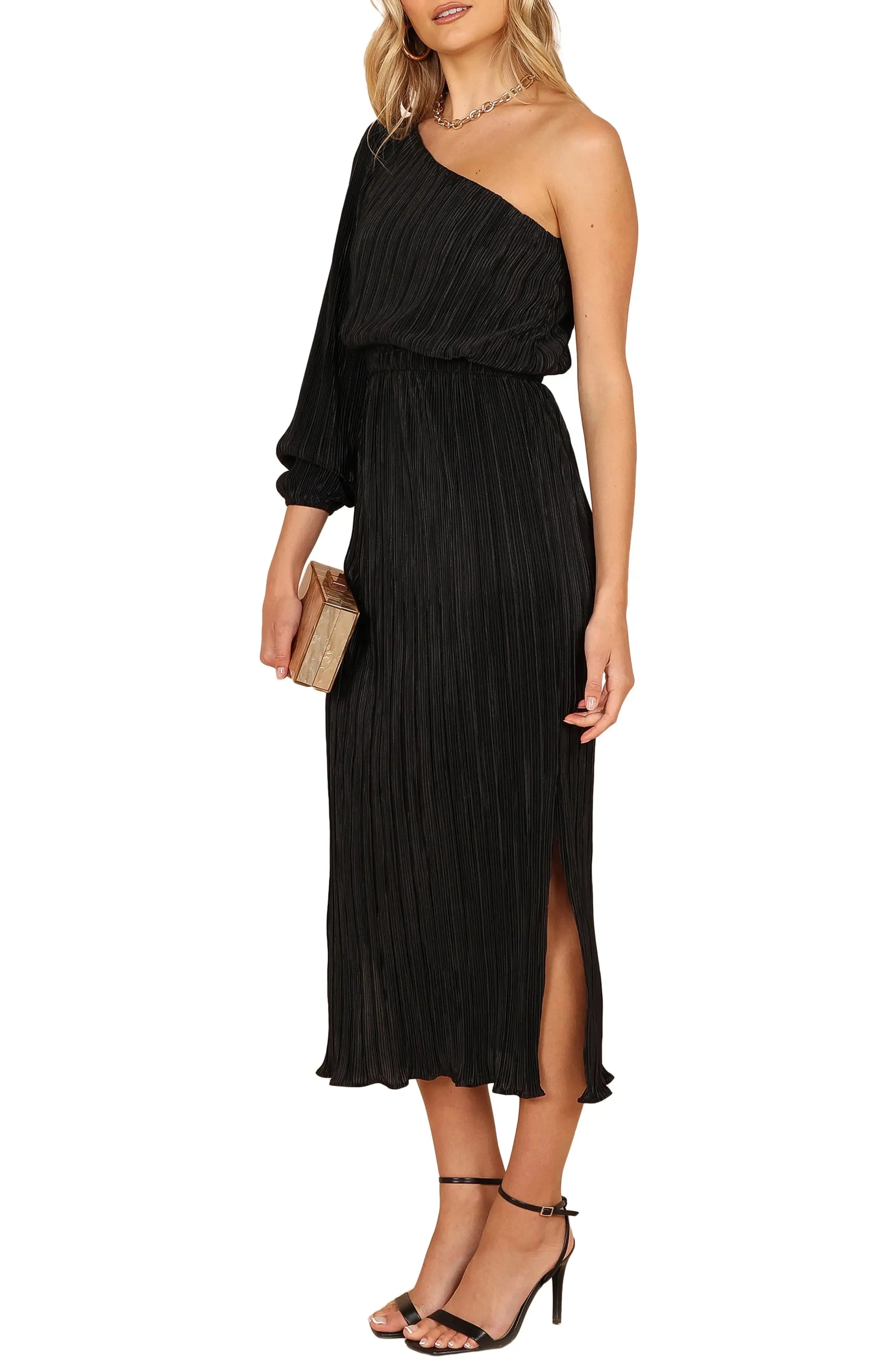 Airy Flowy One Shoulder Three Quarter Sleeve Elastic Back Midi Length For Ladies Evening Dress by YiHuiw