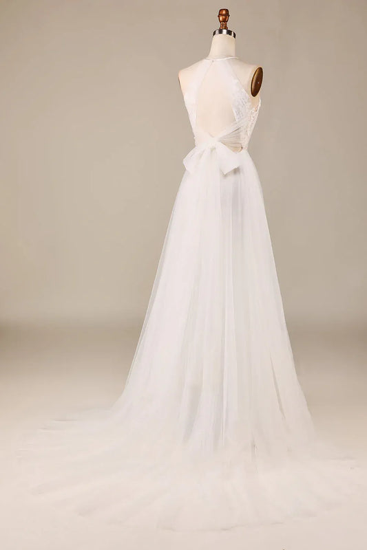 A-Line Halter Lace Ruffled Wedding Dress - Yihuiw by Yihuiw