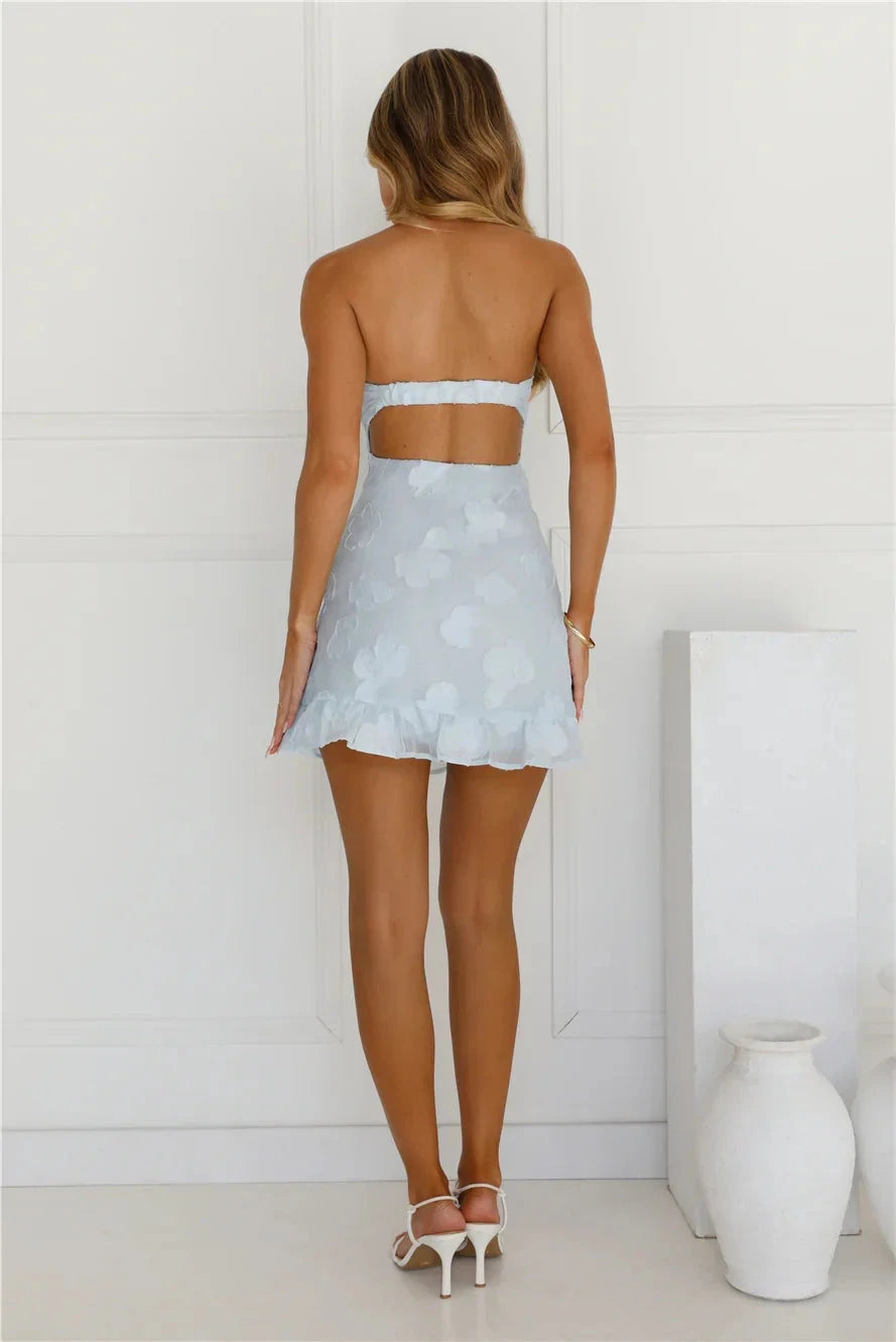 A light blue strapless short skirt with a strapless design and a bow tie decoration on the chest. The skirt has a ruffled edge style, suitable for parties, dates, etc by YiHuiw