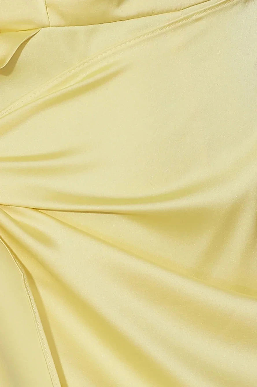 A light yellow one shoulder short dress with a single shoulder design and a twist and tie at the waist, suitable for parties, dates, etc by YiHuiw