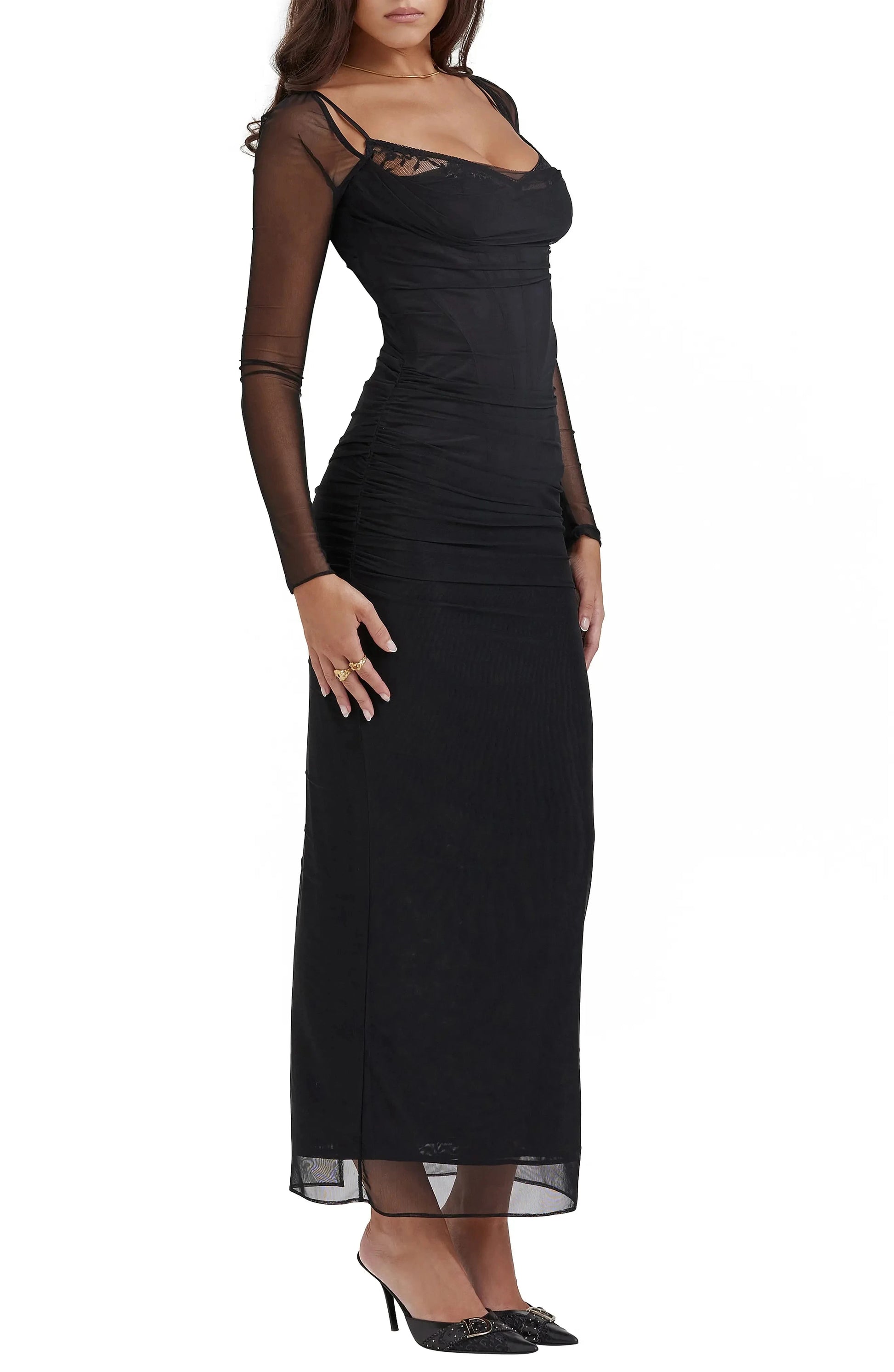 Alluring Ruched Sheath Sweetheart Mesh Long Sleeve Open Back Midi Length Female Prom Dress by YiHuiw