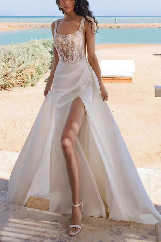 A-Line Square Neck Sleeveless Floor-Length Wedding Dress - Yihuiw by Yihuiw
