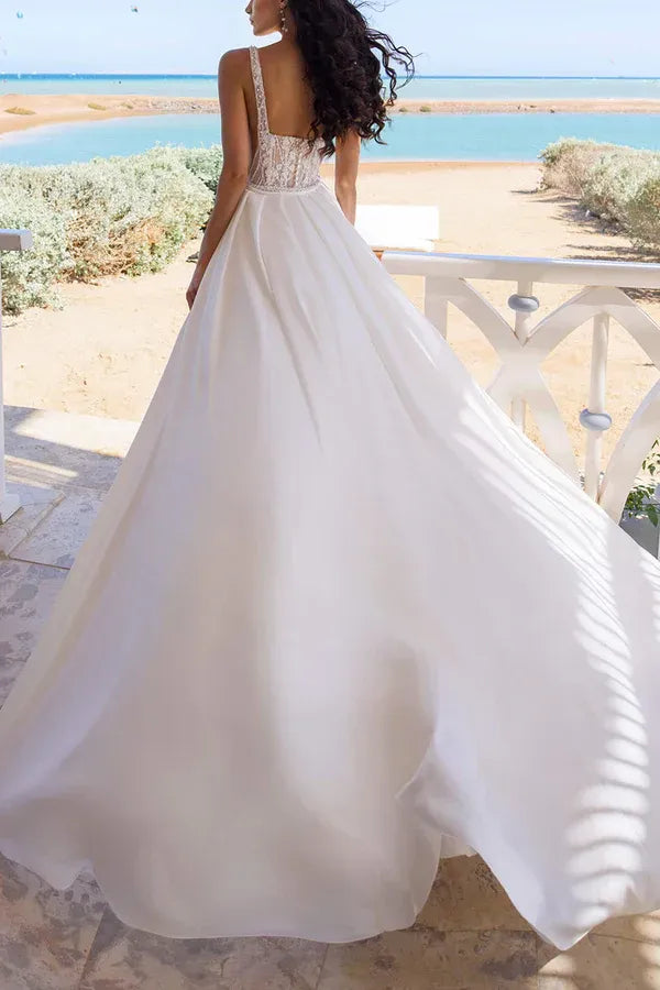 A-Line Square Neck Sleeveless Floor-Length Wedding Dress - Yihuiw by Yihuiw