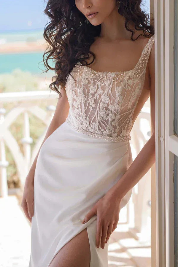 A-Line Square Neck Sleeveless Floor-Length Wedding Dress - Yihuiw by Yihuiw