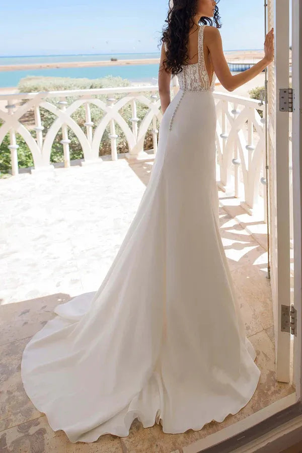 A-Line Square Neck Sleeveless Floor-Length Wedding Dress - Yihuiw by Yihuiw