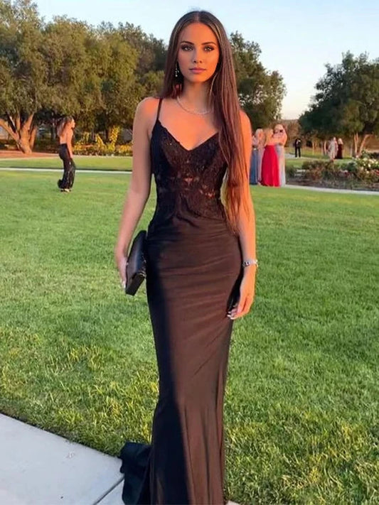 Alluring Sheath Deep-V Spaghetti-Strap Lace-Cutout Train-Length Evening Dress by YiHuiw