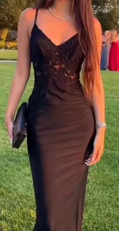 Alluring Sheath Deep-V Spaghetti-Strap Lace-Cutout Train-Length Evening Dress by YiHuiw