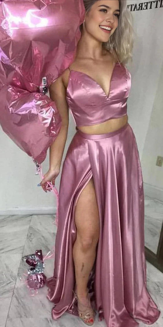 A pink purple satin two-piece dress with a camisole top and a deep V-short design suitable for parties, dinners, etc by YiHuiw