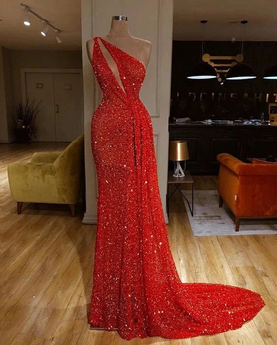 A red one shoulder sequined dress with a single-sided hollowed out design suitable for dinners and parties by YiHuiw