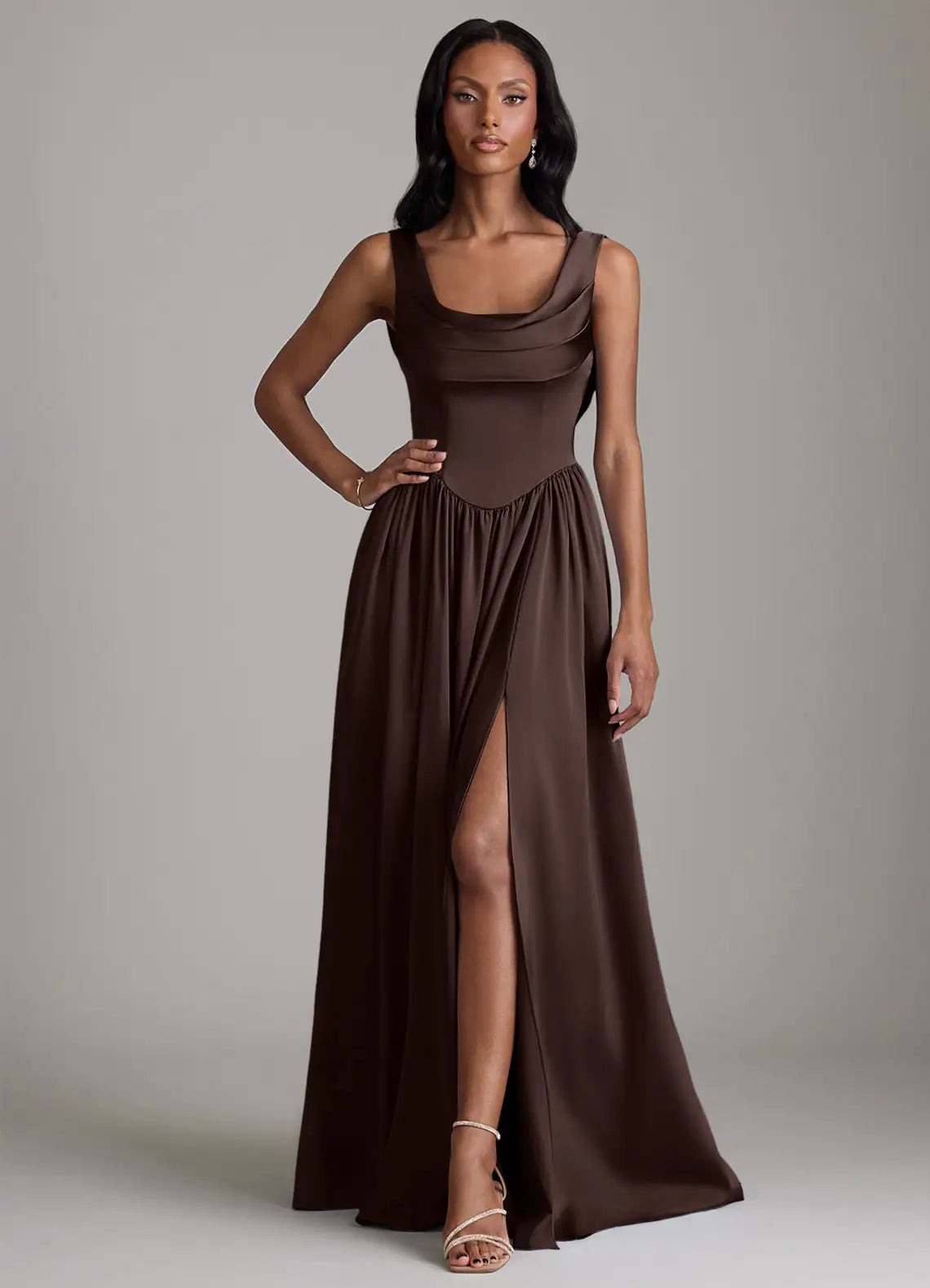 Cowl Neck Lace-Up Back High Slit Floor-Length Wedding Dress - Yihuiw by Yihuiw