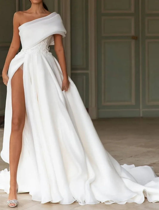 A-Line One-Shoulder Organza High Slit Wedding Dress - Yihuiw by Yihuiw