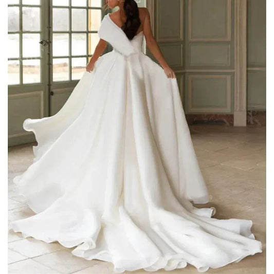 A-Line One-Shoulder Organza High Slit Wedding Dress - Yihuiw by Yihuiw