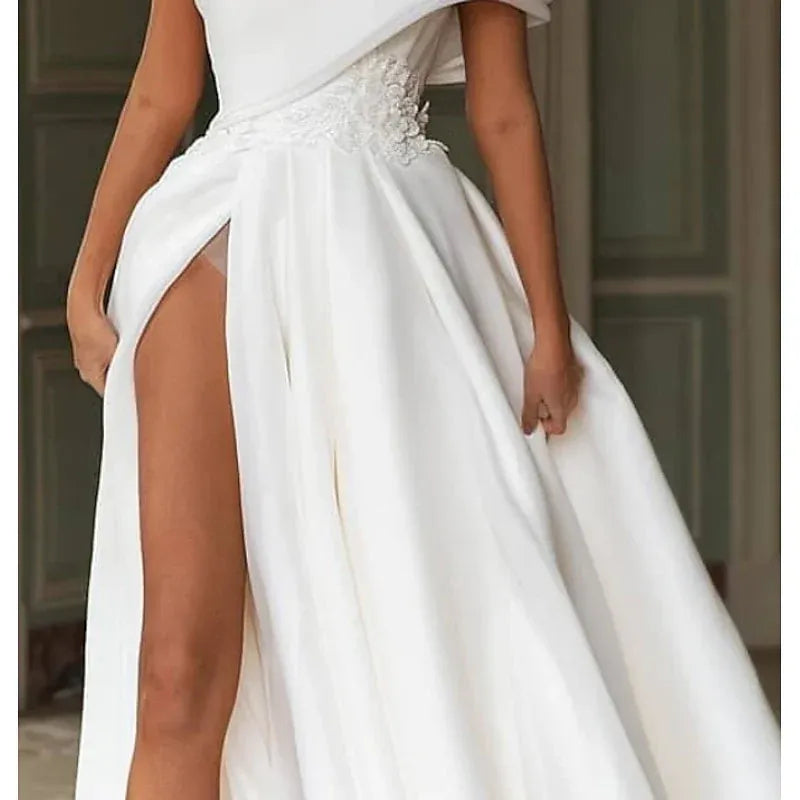 A-Line One-Shoulder Organza High Slit Wedding Dress - Yihuiw by Yihuiw