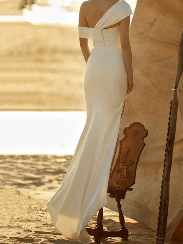 Mermaid Off-Shoulder Satin High Slit Wedding Dress - Yihuiw by Yihuiw