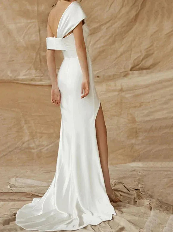 Mermaid Off-Shoulder Satin High Slit Wedding Dress - Yihuiw by Yihuiw