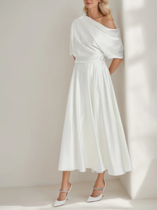 Asymmetrical Off Shoulder Satin Wedding Dress with Puff Sleeve Tea Length A Line Bridal Dress