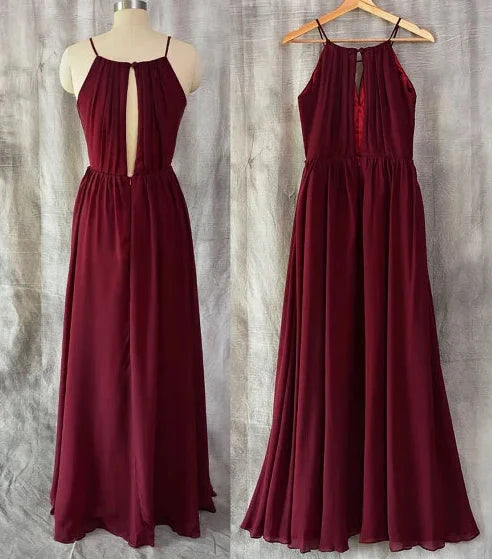 A wine red long dress with a neck hanging collar and chest pleats, suitable for dinners, weddings, and other occasions, by YiHuiw