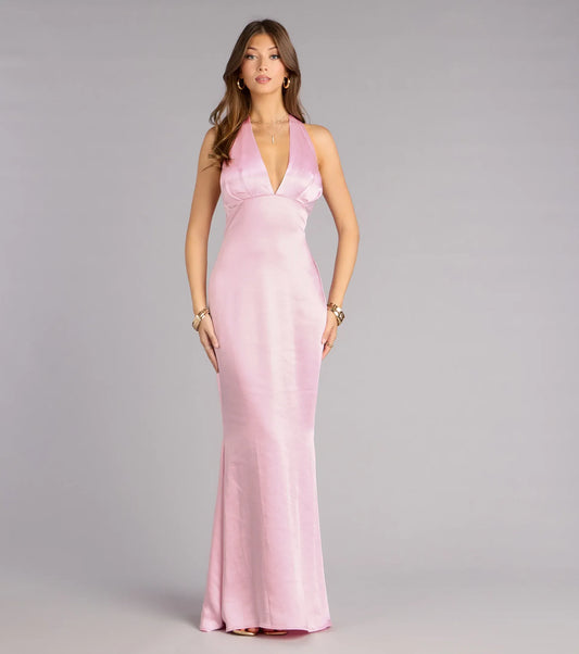 Pink Mermaid Halter Satin Floor-Length Wedding Dress - Yihuiw by Yihuiw