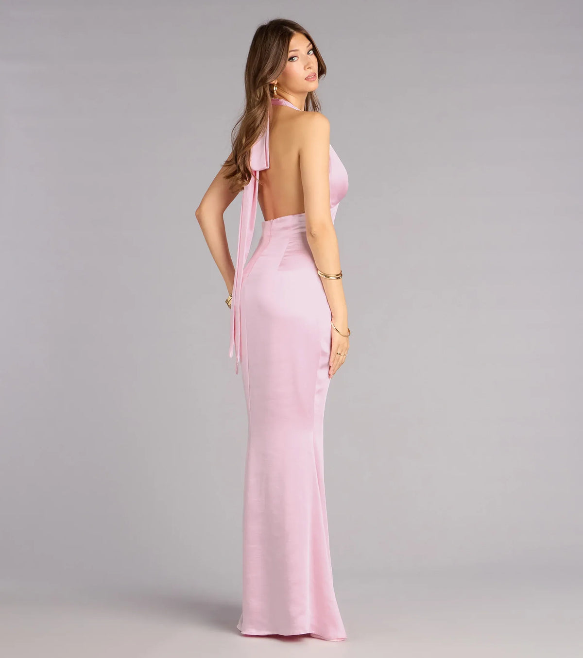 Pink Mermaid Halter Satin Floor-Length Wedding Dress - Yihuiw by Yihuiw