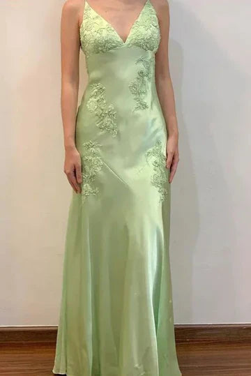 Sage Green Satin Lace Prom Dress with Open Back and Floor-Length Silhouette