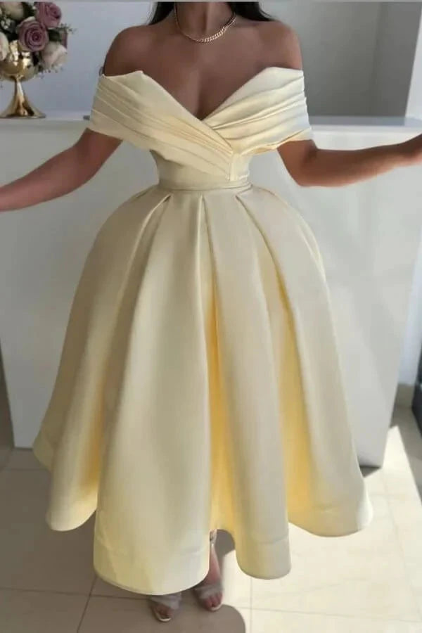 Ball Gown Yellow Prom Dresses Off Shoulder Satin Formal Gown simple gentle atmospheric and unique desi Bring summer colors to enhance whiteness by YiHuiw