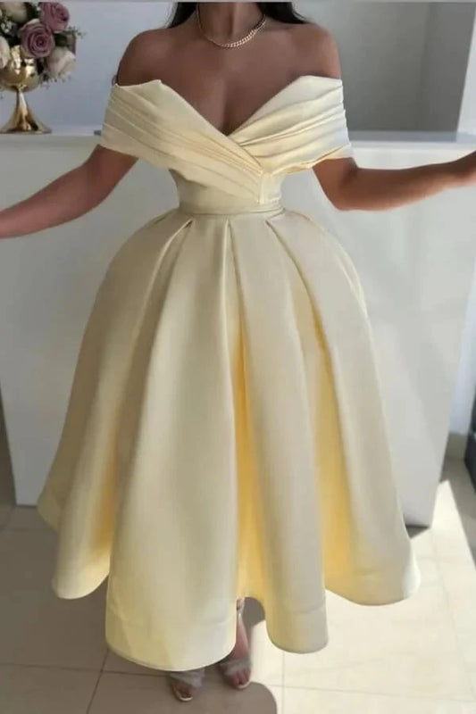 Ball Gown Yellow Prom Dresses Off Shoulder Satin Formal Gown simple gentle atmospheric and unique desi Bring summer colors to enhance whiteness by YiHuiw