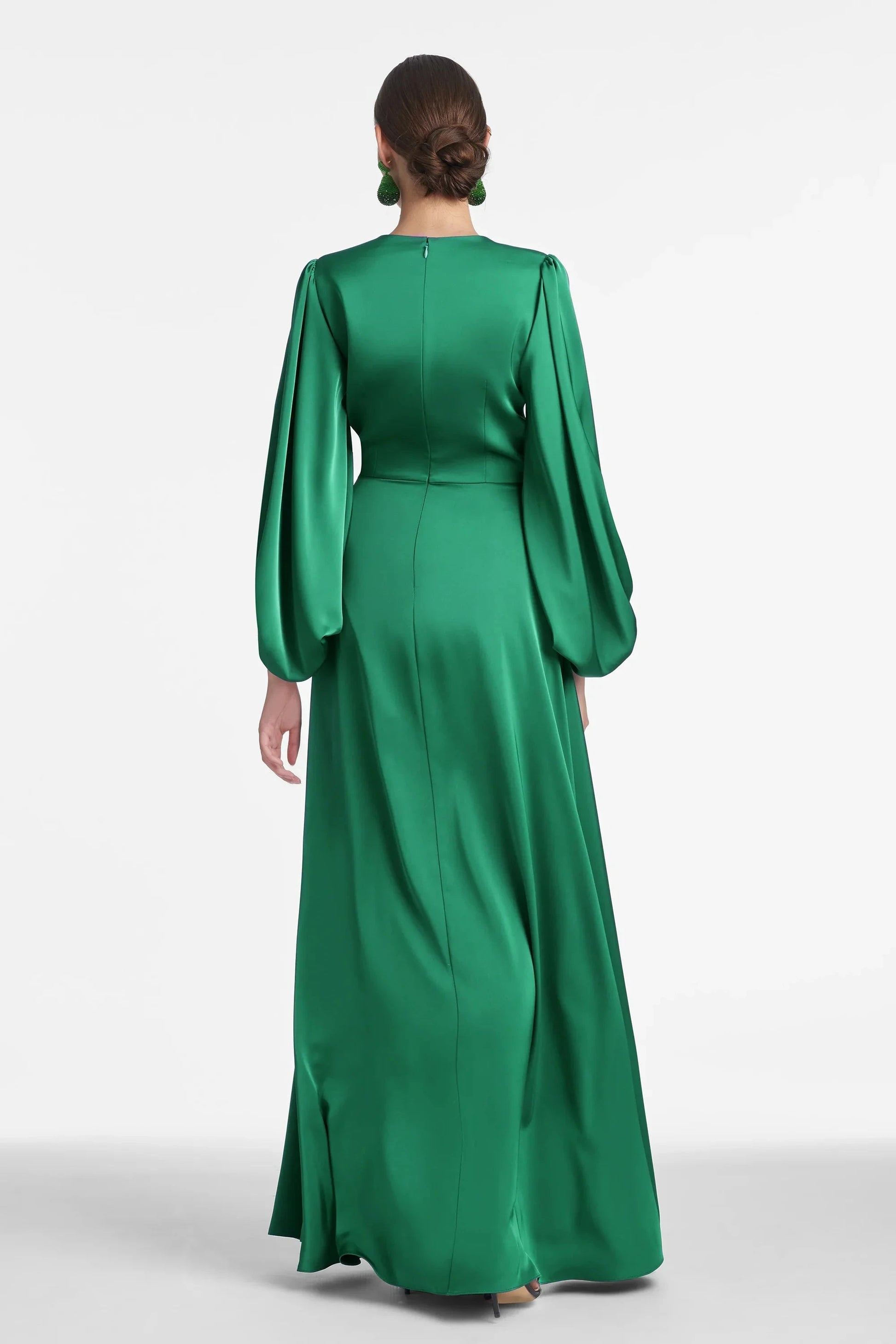Balloon Sleeve Sheath Deep V Neck Long Sleeve Zipper Back Floor Length Female Evening Dress by YiHuiw