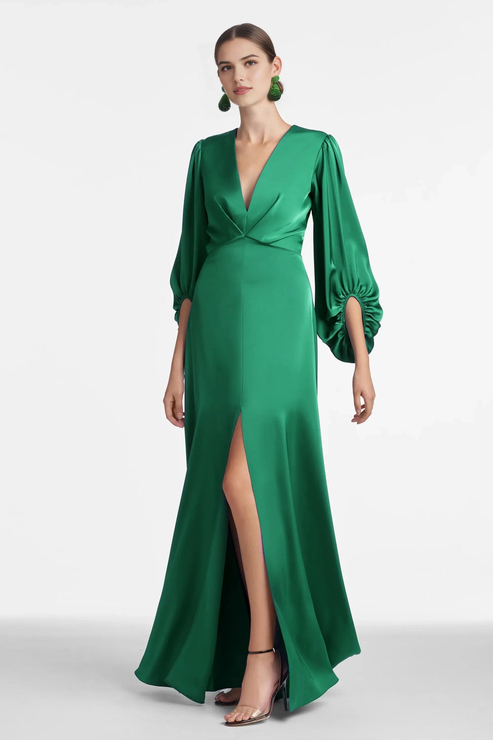 Balloon Sleeve Sheath Deep V Neck Long Sleeve Zipper Back Floor Length Female Evening Dress by YiHuiw