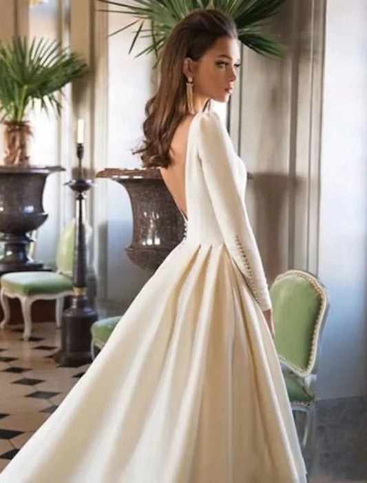 Ball Gown Satin Long Sleeve Open Back Train Tea-Length Wedding Gown - Yihuiw by Yihuiw