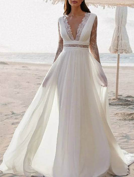 A-Line Chiffon Button Back Cutout Wedding Dress - Yihuiw by Yihuiw