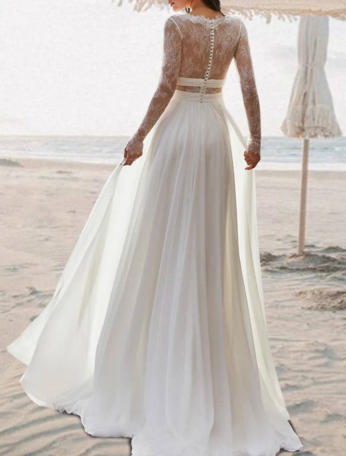 A-Line Chiffon Button Back Cutout Wedding Dress - Yihuiw by Yihuiw