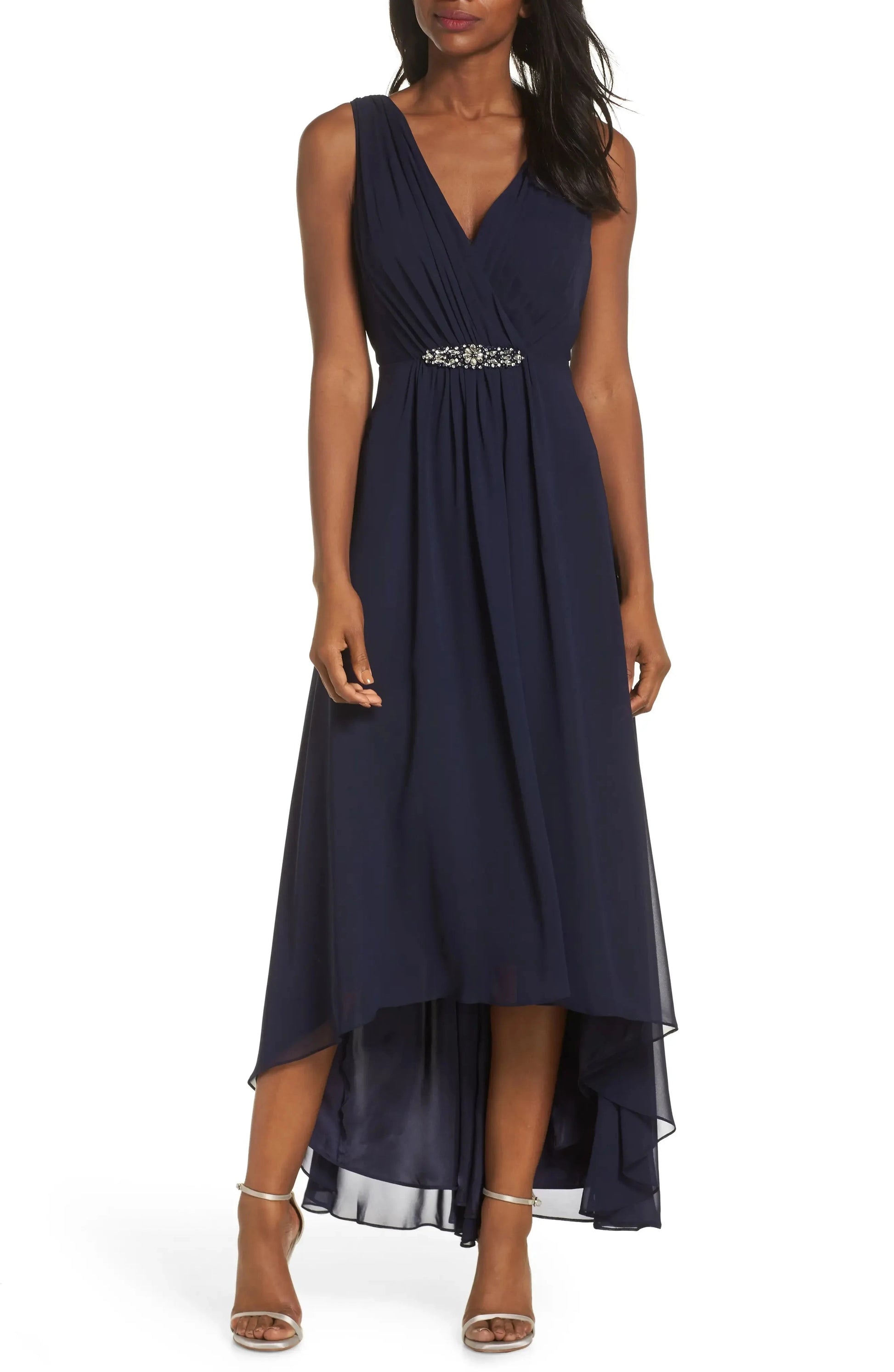 Beaded A Line Deep V Neck Sleeveless Plunging Back High Low Length For Ladies Evening Dress by YiHuiw