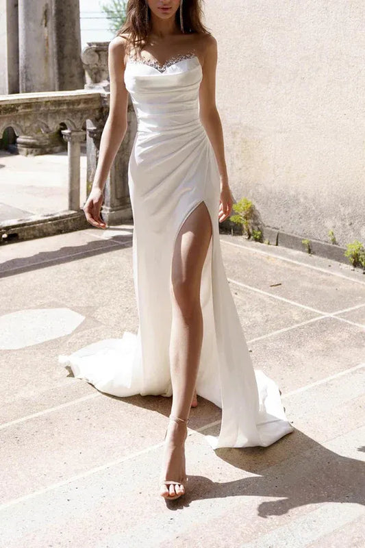 Mermaid Strapless Satin Draped Floor-Length Wedding Dress - Yihuiw by Yihuiw
