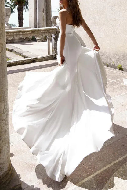 Mermaid Strapless Satin Draped Floor-Length Wedding Dress - Yihuiw by Yihuiw