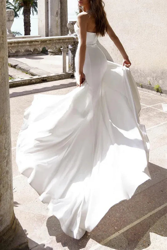Mermaid Strapless Satin Draped Floor-Length Wedding Dress - Yihuiw by Yihuiw