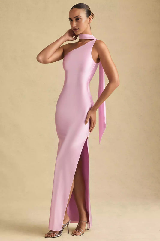 Beautifully asymmetric neckline, single shoulder strap, high slit, cylindrical silhouette, hidden zipper on the side, Prom Dresses