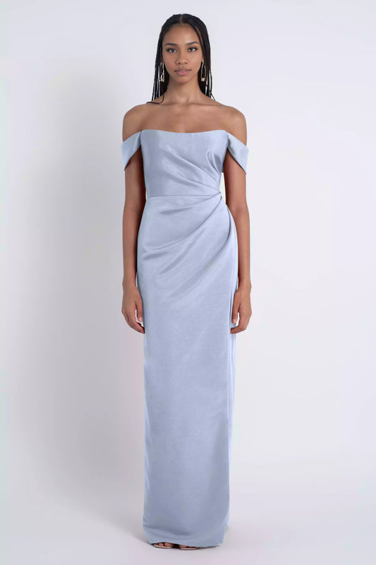 Beautiful round neck pleated slit open shoulder tight corset asymmetrical pleats slim fit half body back mid zip Bridesmaid Dresses