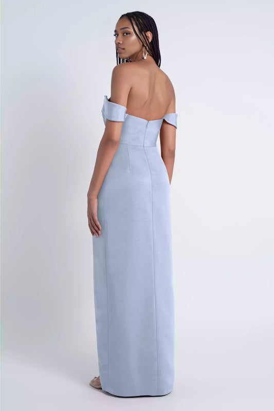Beautiful round neck pleated slit open shoulder tight corset asymmetrical pleats slim fit half body back mid zip Bridesmaid Dresses