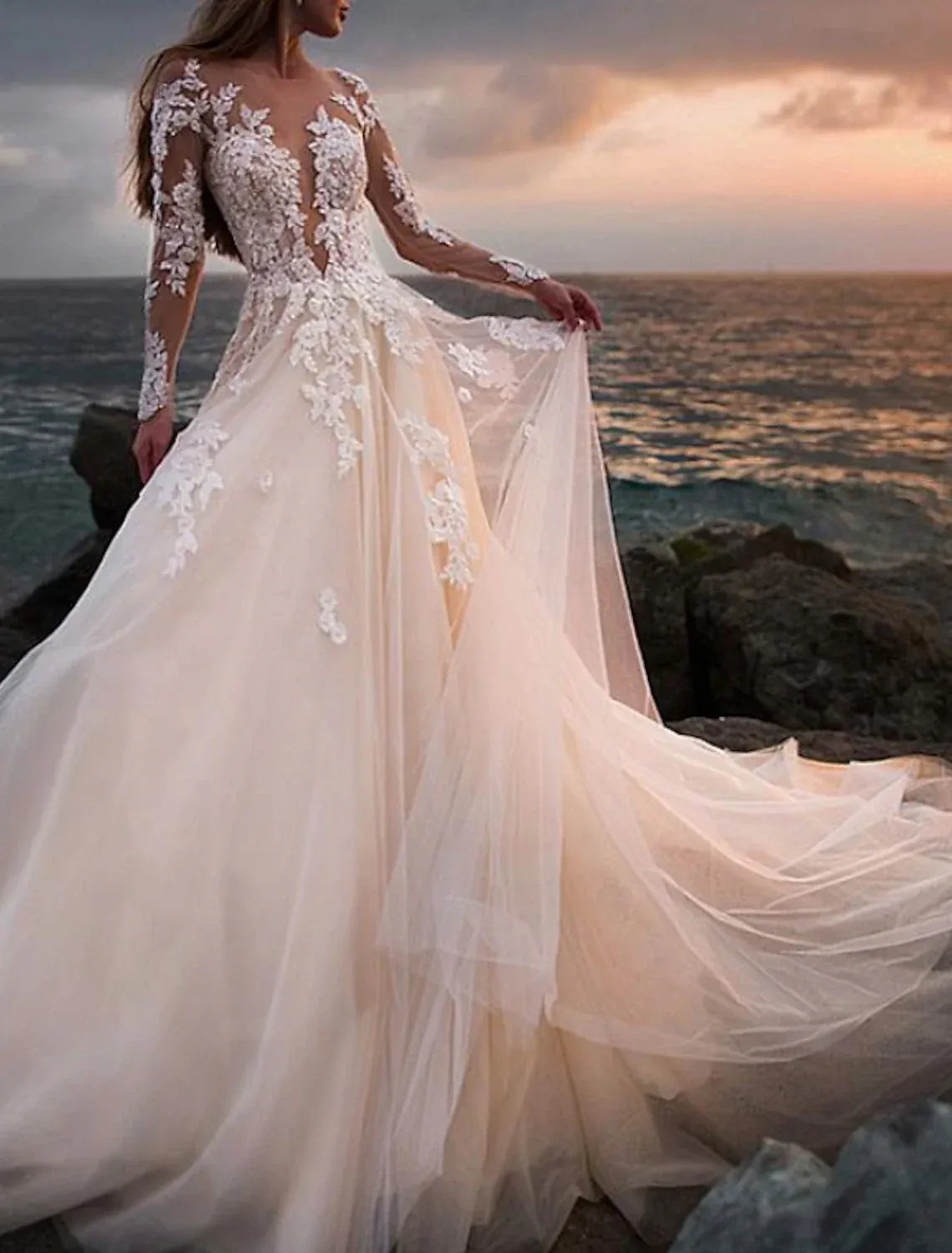 A-Line Illusion Lace Long Sleeve Button Back Train Wedding Dress - Yihuiw by Yihuiw