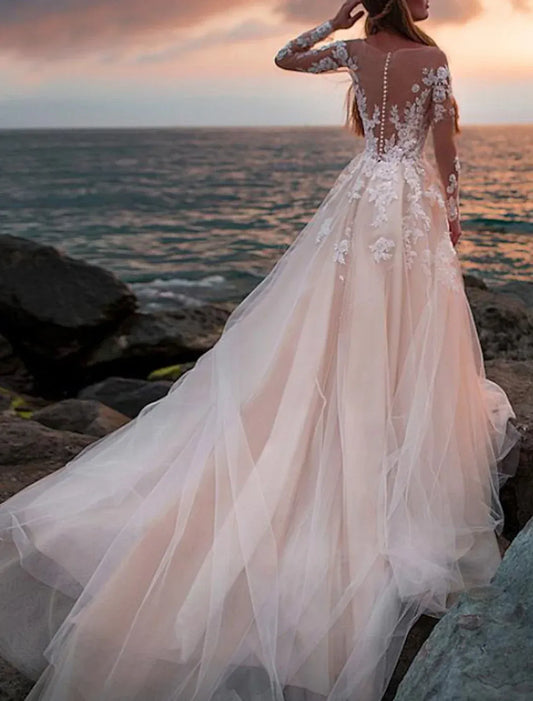 A-Line Illusion Lace Long Sleeve Button Back Train Wedding Dress - Yihuiw by Yihuiw