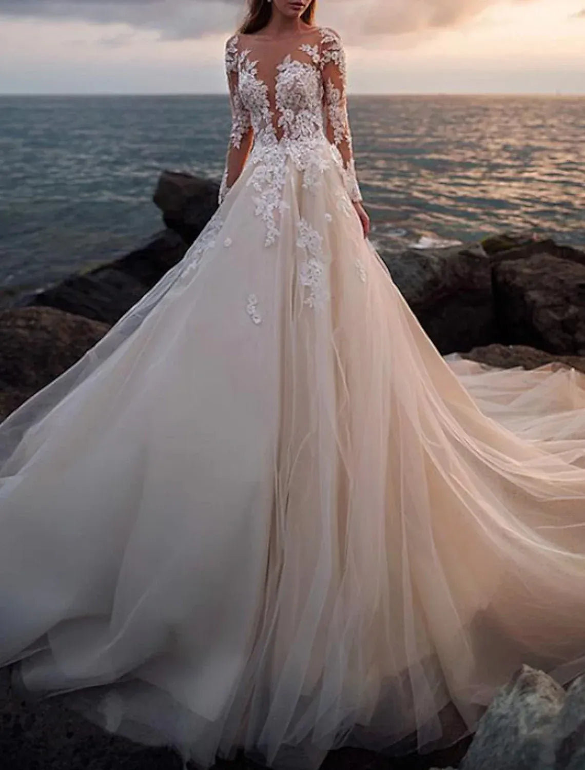 A-Line Illusion Lace Long Sleeve Button Back Train Wedding Dress - Yihuiw by Yihuiw