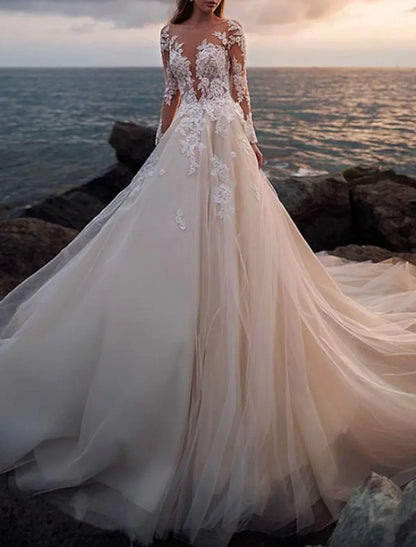 A-Line Illusion Lace Long Sleeve Button Back Train Wedding Dress - Yihuiw by Yihuiw