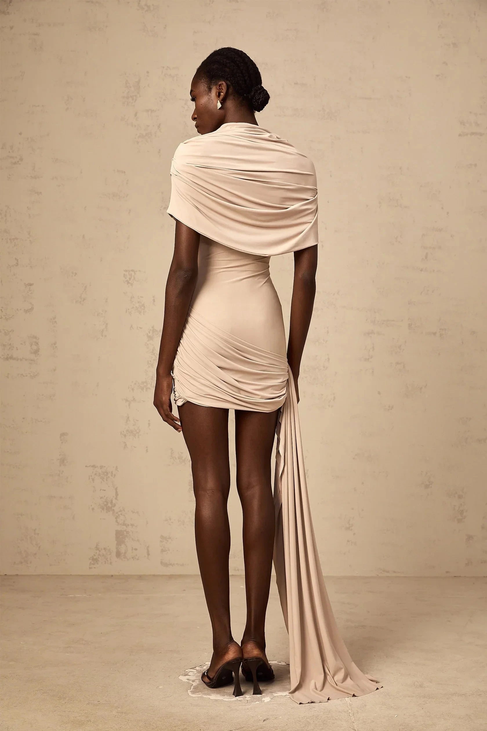Beige Draped Mini Dress with Train Detail neutrals cape-design ruched fitted mini dress Evening Dress by YiHuiw