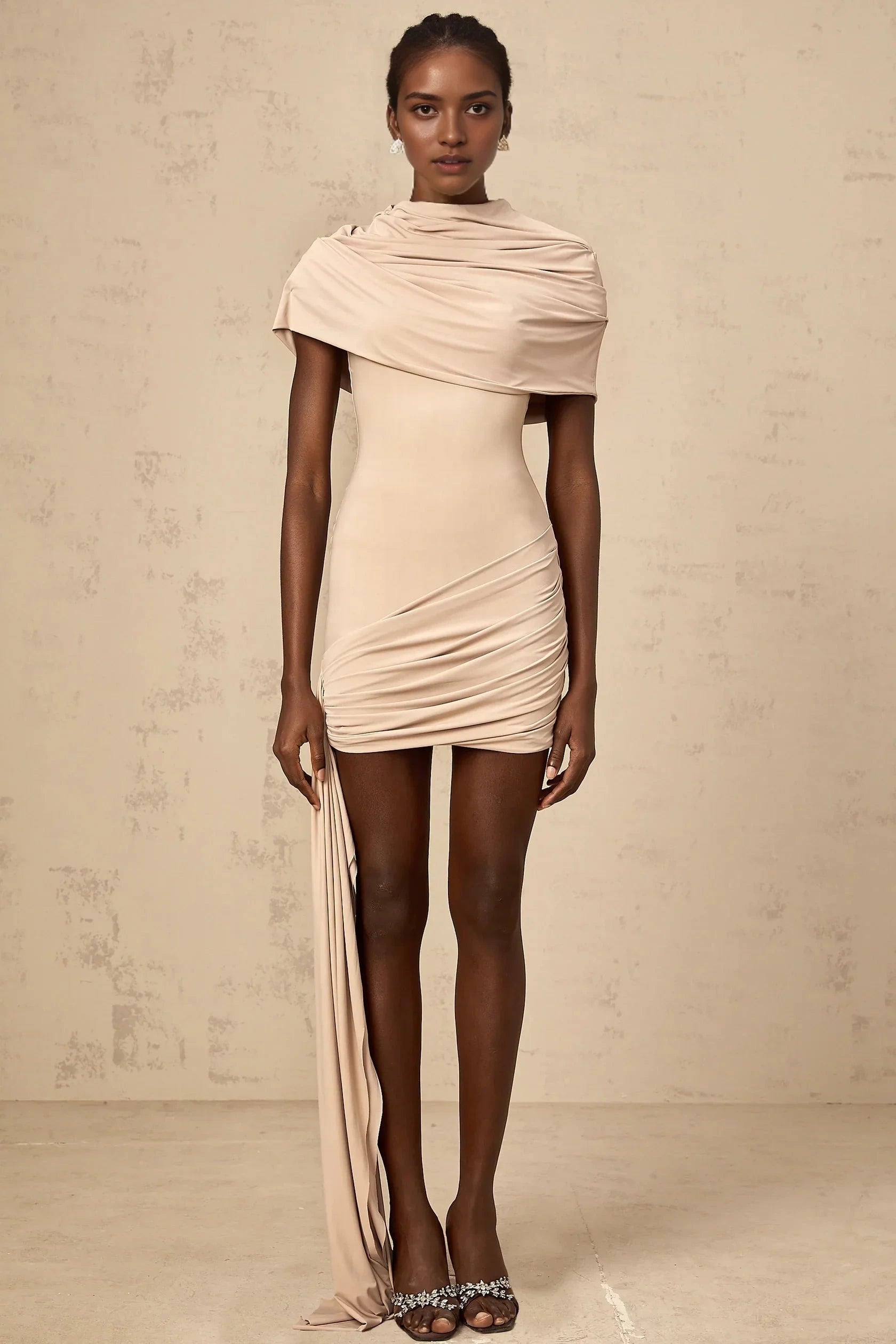Beige Draped Mini Dress with Train Detail neutrals cape-design ruched fitted mini dress Evening Dress by YiHuiw