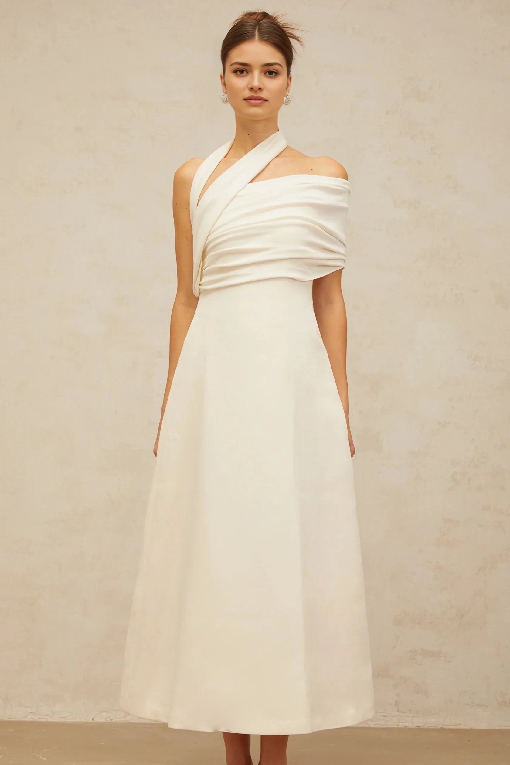Beige Draped Mini Dress with Train Detail cream-white asymmetrical midi dress Evening Dress by YiHuiw
