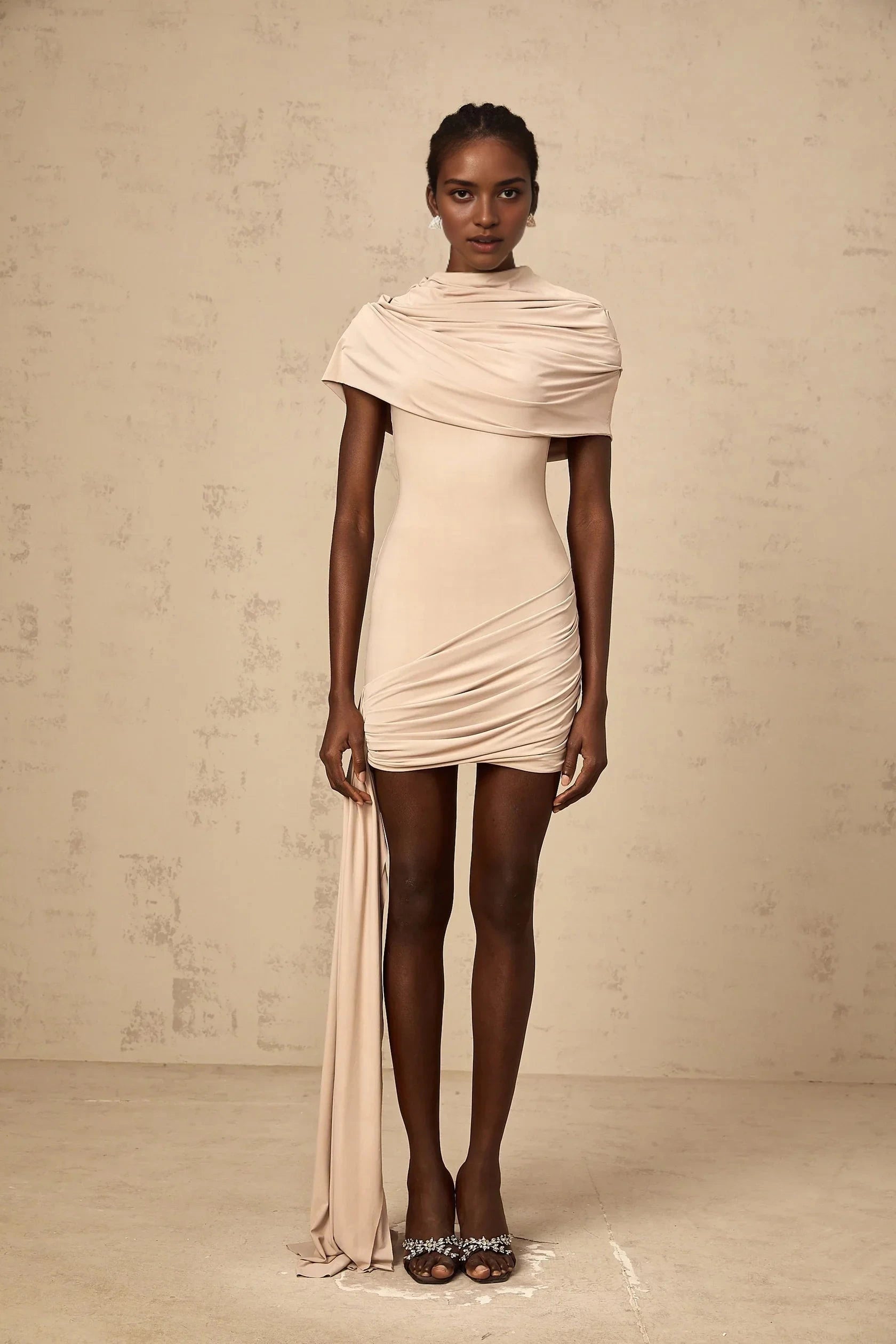 Beige Draped Mini Dress with Train Detail neutrals cape-design ruched fitted mini dress Evening Dress by YiHuiw