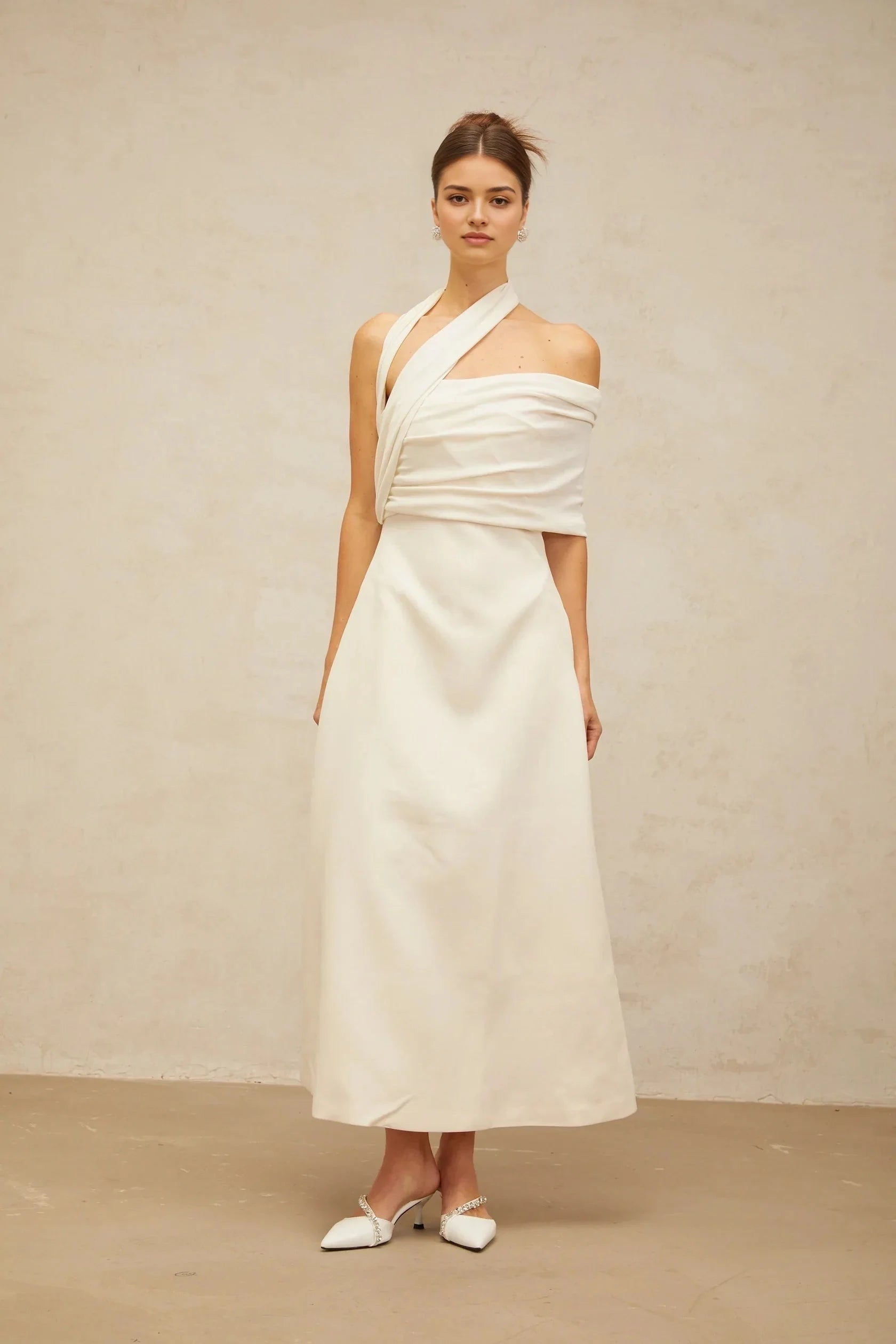 Beige Draped Mini Dress with Train Detail cream-white asymmetrical midi dress Evening Dress by YiHuiw
