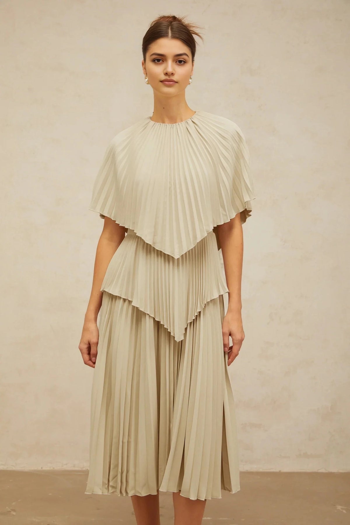 Beige Pleated Layered Midi Dress with Cape - like Top neutrals cape pleated midi dress Evening Dress by YiHuiw